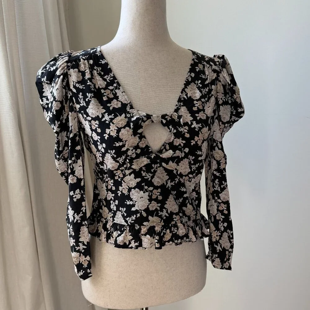 LOVESHACKFANCY Puff Sleeve Plunging V Neck Dark Floral Blouse w/ bow size 2 silk